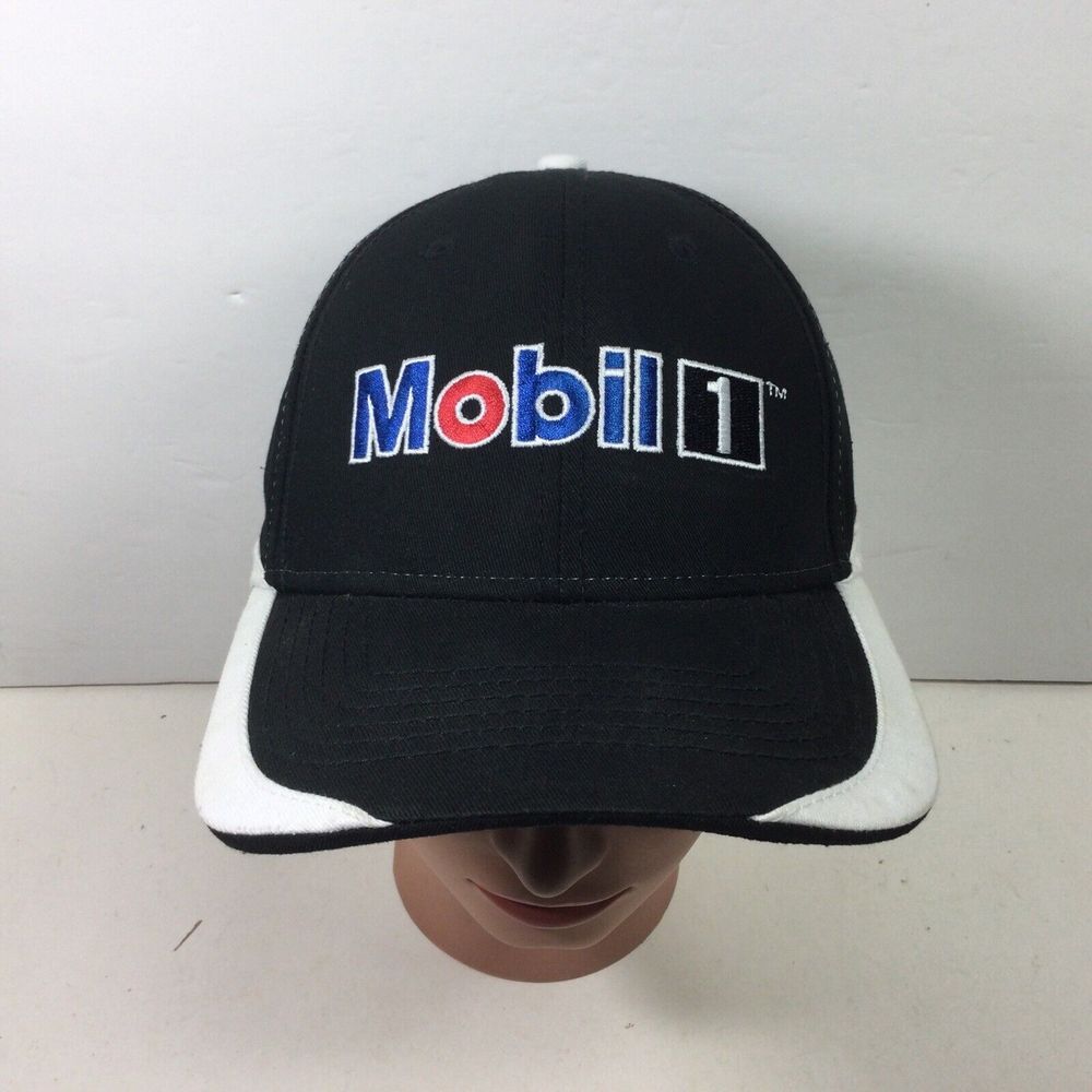 Mobil 1 Hat Racing Oil SpellOut Black White StrapBack Baseball Cap